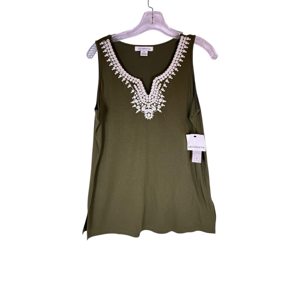 Liz Claiborne Olive Green Embroidered Tank Top M Boho Sleeveless‎ Blouse Layer
